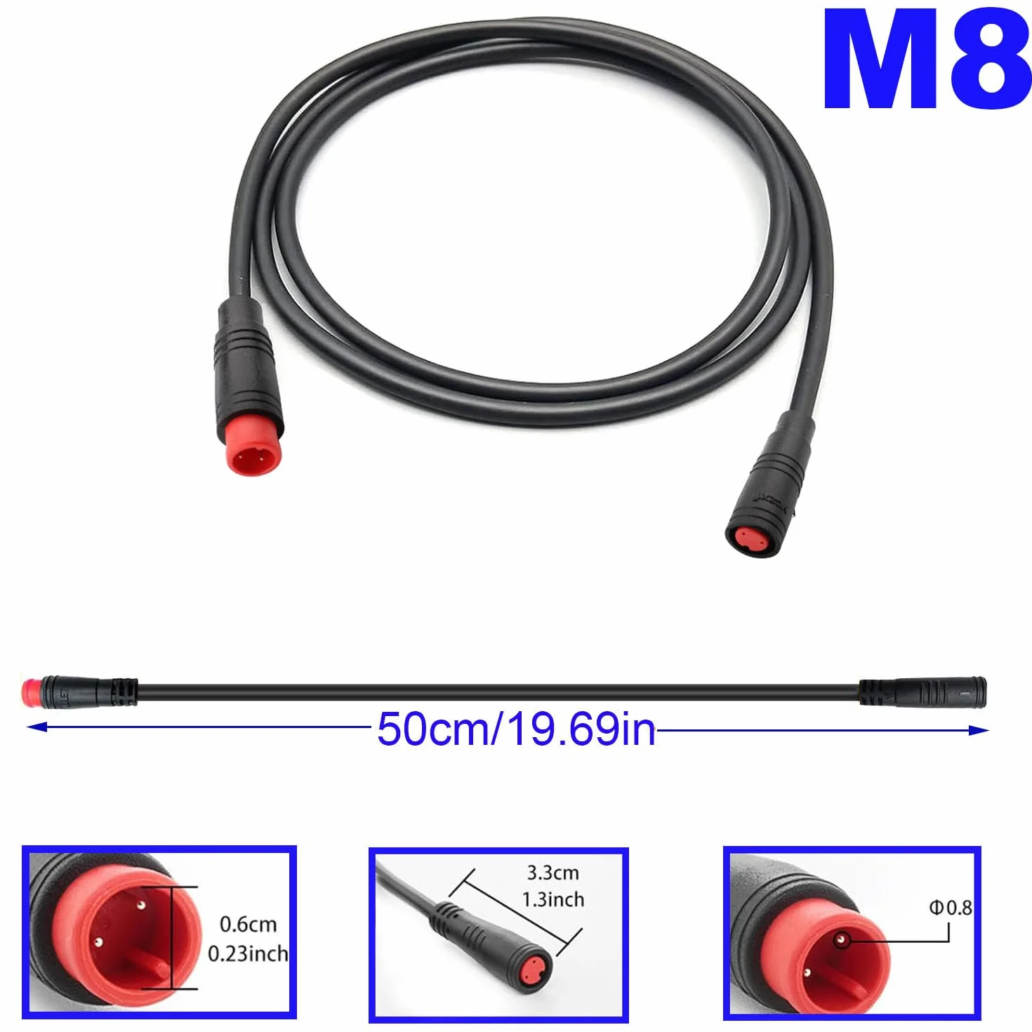 RUNCCI-YUN 2 szt. Przedłużacz Roweru Elektrycznego 2 Piny, Elektryczny Kabel Rowerowy Żeński i Męski, Wodoodporne Złącze 2 Pin do E-Bike Light/Ebrake -50CM