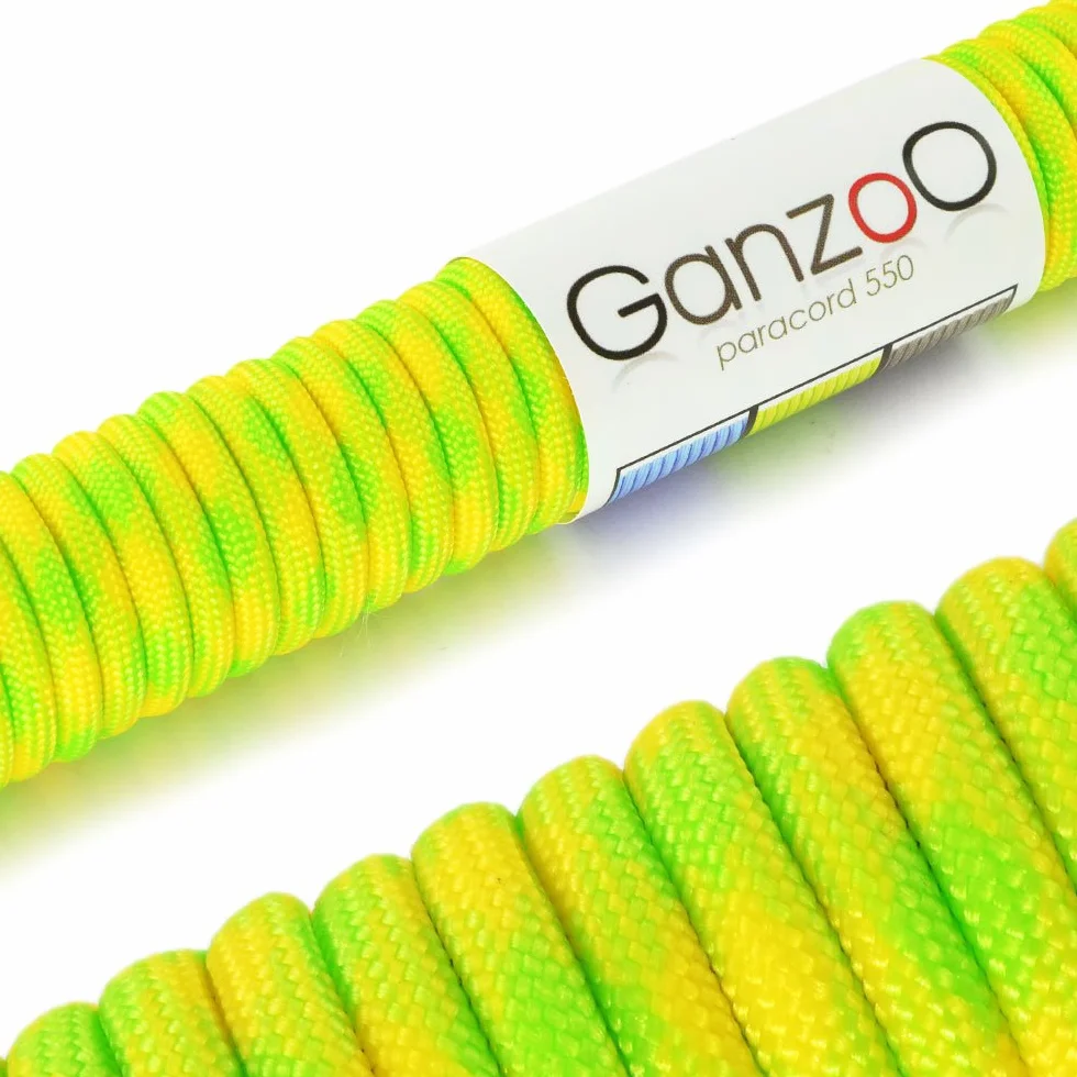 Ganzoo paracord 550 typ 3, sznur 4 mm 31 m z 7 rdzeniami, nylonowy kord spadochronowy Neon Lemon żółty neon zielony, do prac DIY: bransoletki, uchwyty, smycz dla psa, kemping, wędkarstwo, survival