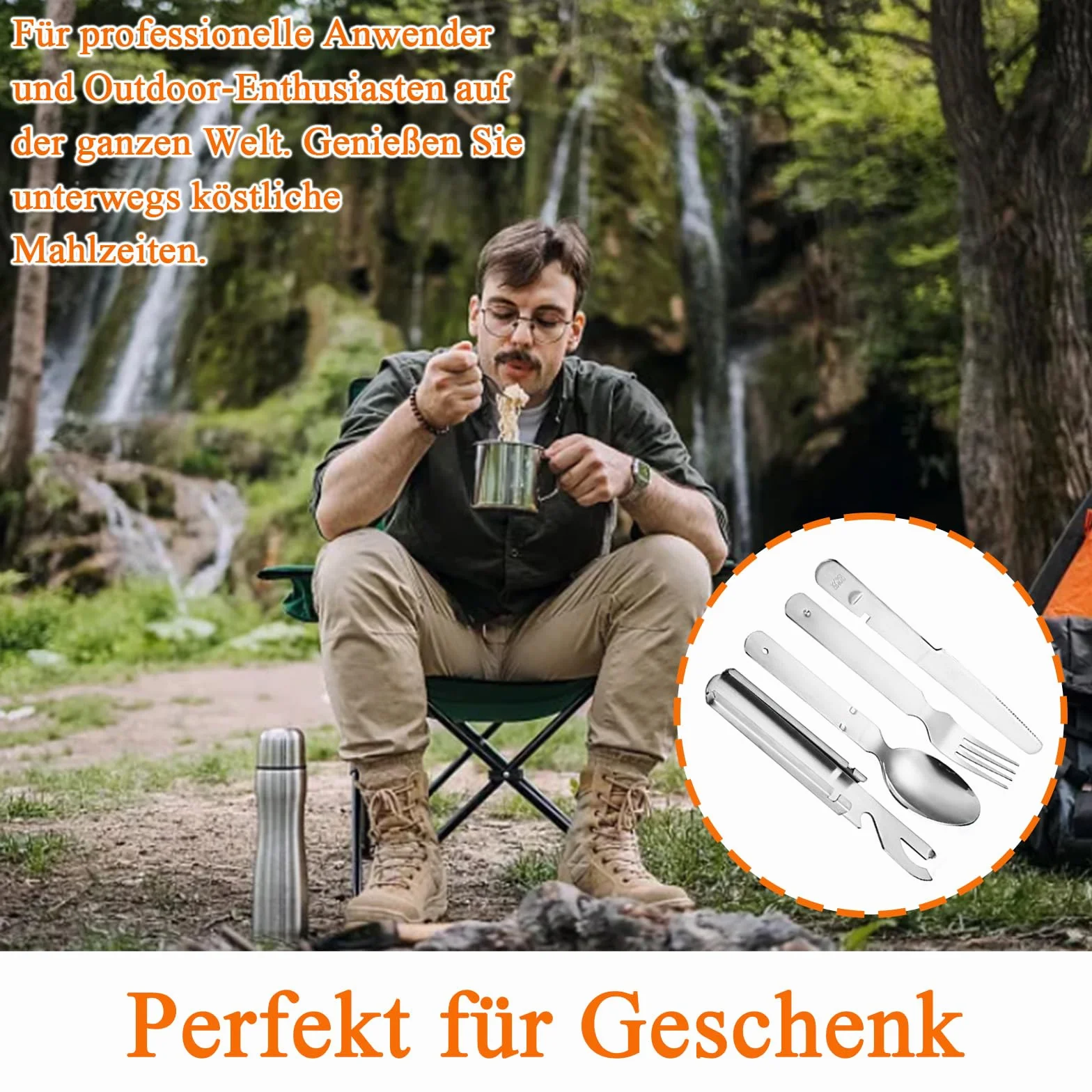 Sztućce kempingowe ze stali nierdzewnej, 4-częściowy, klasyczny zestaw sztućców Bundeswehry, praktyczne sztućce podróżne outdoor, składane w stos, z nożem, widelcem, łyżką i otwieraczem do puszek