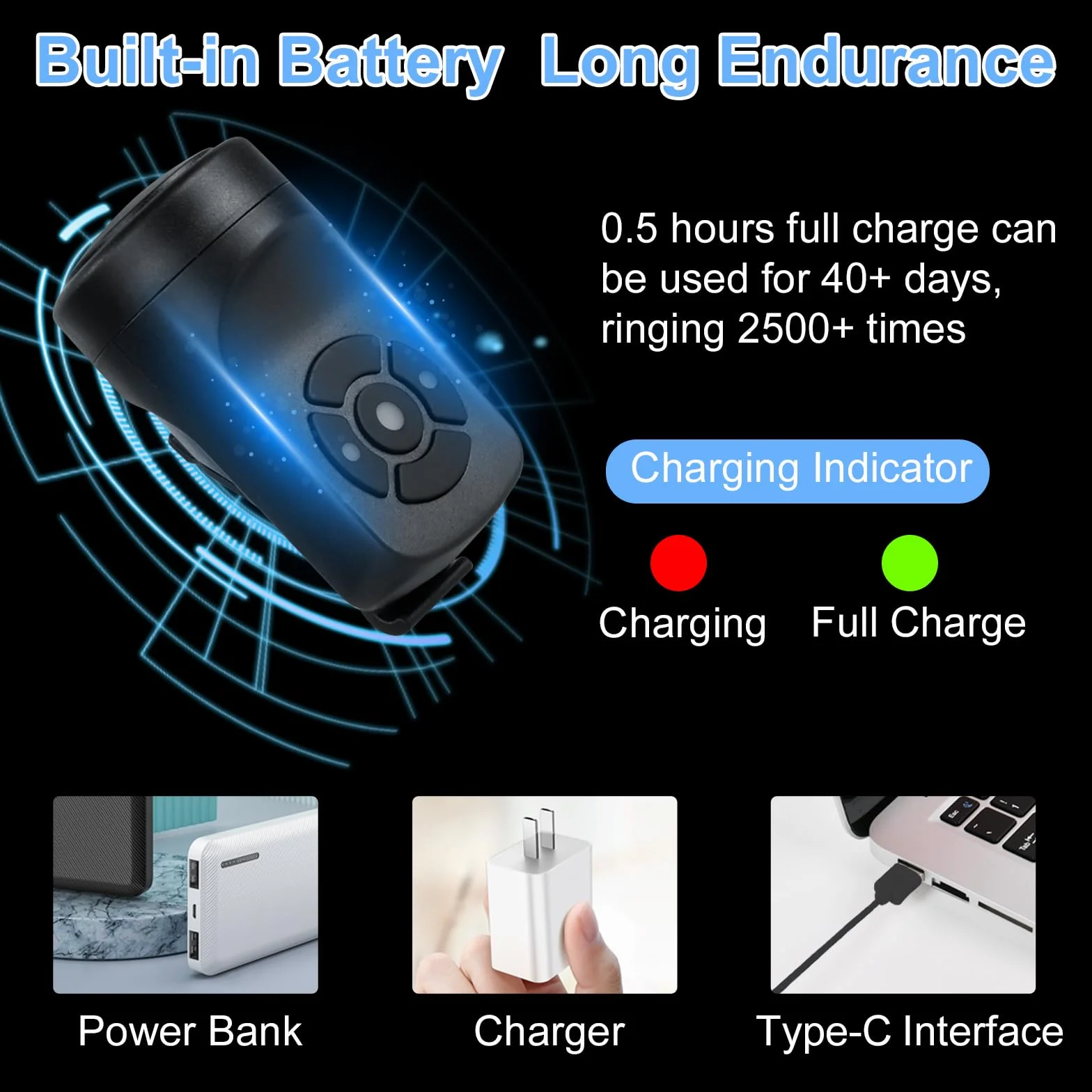 Flintronic Elektryczny dzwonek rowerowy, elektroniczny alarm klaksonowy, dzwonek rowerowy 120 dB, wodoodporny IPX4, przenośny klakson rowerowy USB do ładowania, z alarmem, 4 tryby dzwonka, czarny