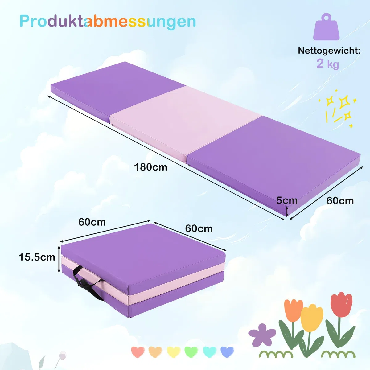GOPLUS Gruba składana mata gimnastyczna, 180 x 60 x 5 cm, 3 warstwy i uchwyt do przenoszenia, mata gimnastyczna z powierzchnią PU, haczyk i zapięcie na rzep, idealna dla dzieci, dorosłych