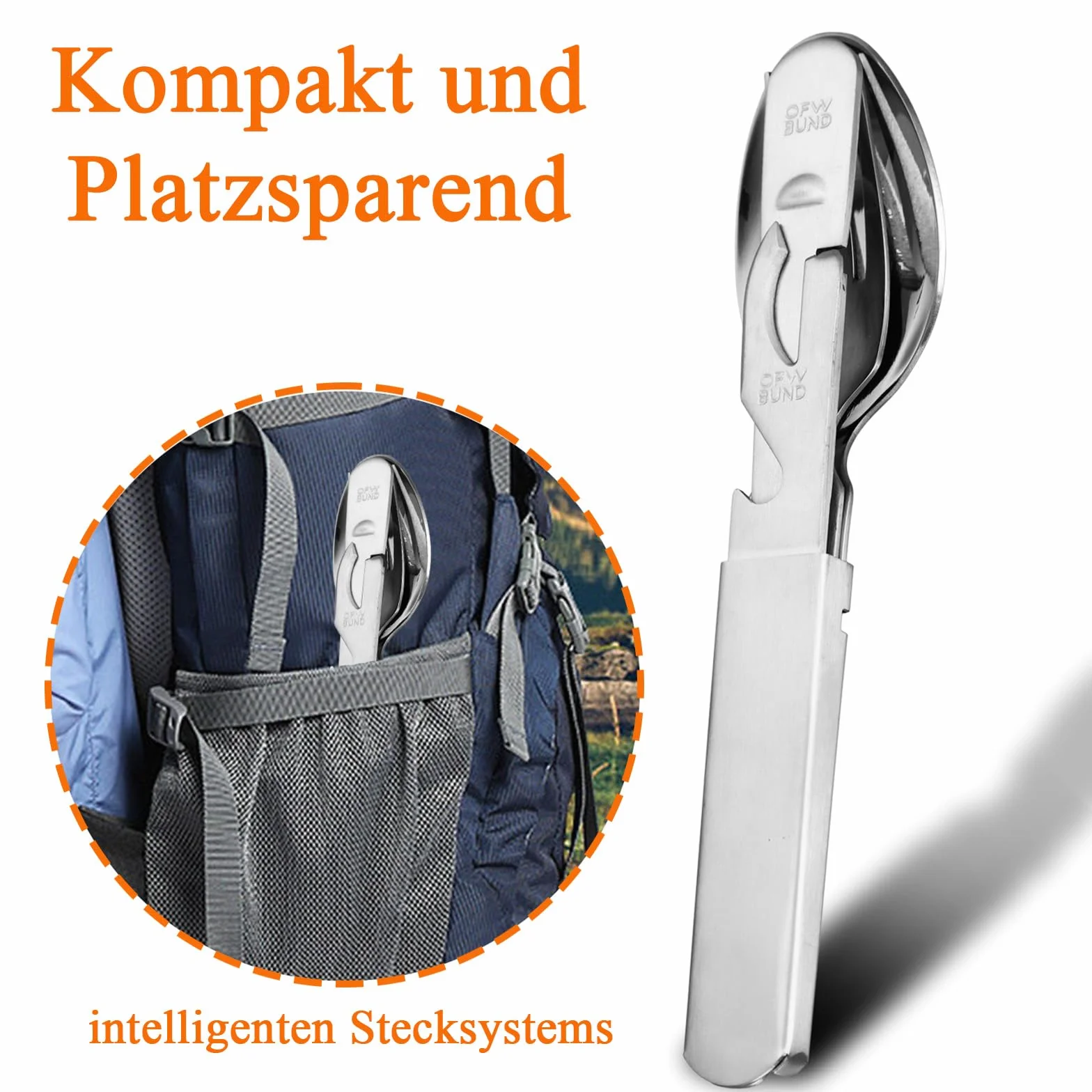 Sztućce kempingowe ze stali nierdzewnej, 4-częściowy, klasyczny zestaw sztućców Bundeswehry, praktyczne sztućce podróżne outdoor, składane w stos, z nożem, widelcem, łyżką i otwieraczem do puszek
