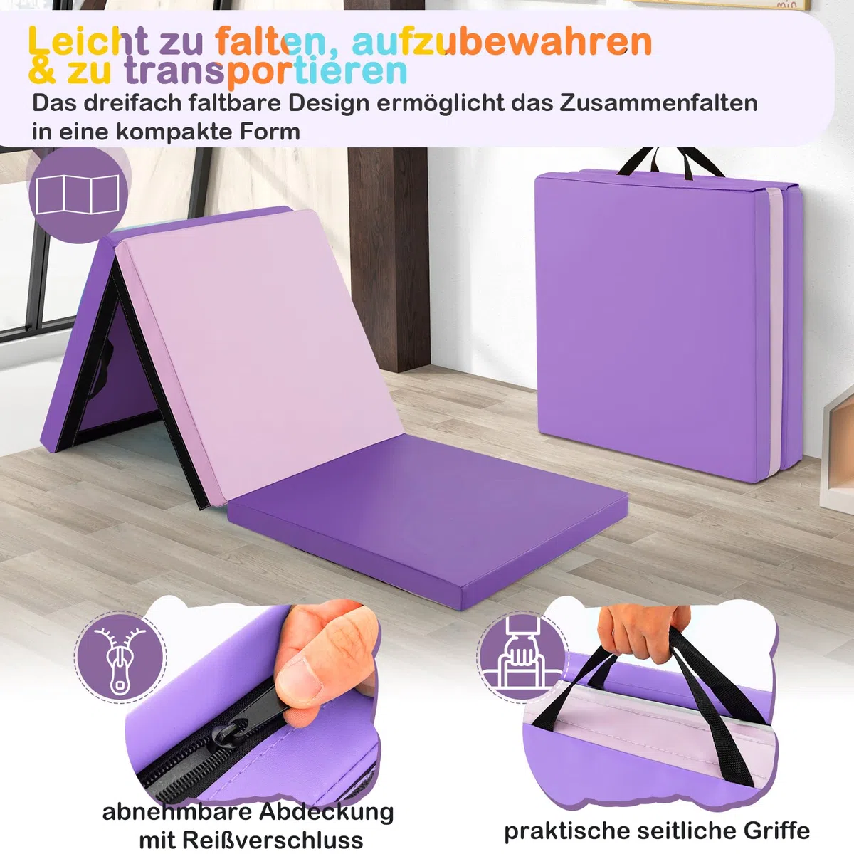 GOPLUS Gruba składana mata gimnastyczna, 180 x 60 x 5 cm, 3 warstwy i uchwyt do przenoszenia, mata gimnastyczna z powierzchnią PU, haczyk i zapięcie na rzep, idealna dla dzieci, dorosłych